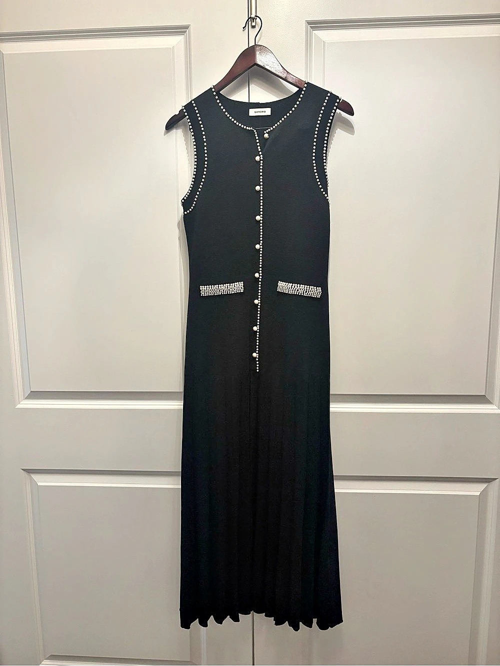Sandro Naima Imitation Pearl Button Front Sleeveless Midi Dress, Black